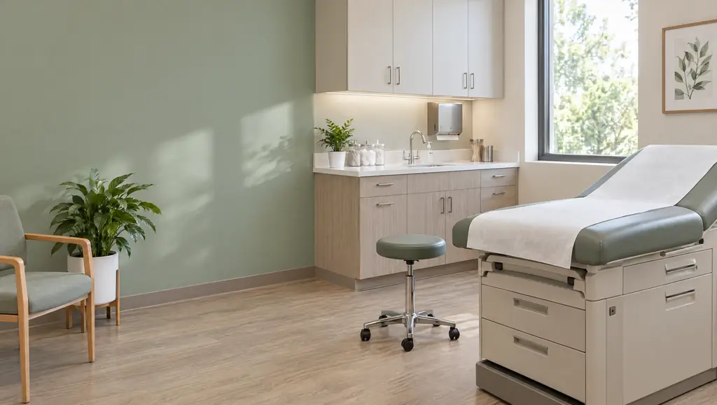 Bright, clean dental treatment room with the chair and counters wiped down